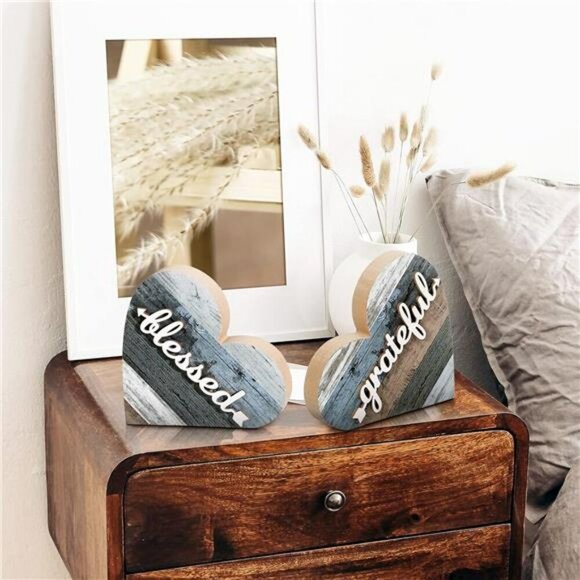 Rustic Heart Table Decor Set Wood Farmhouse Shelf Sign Grateful Love Gift - Picture 5 of 7